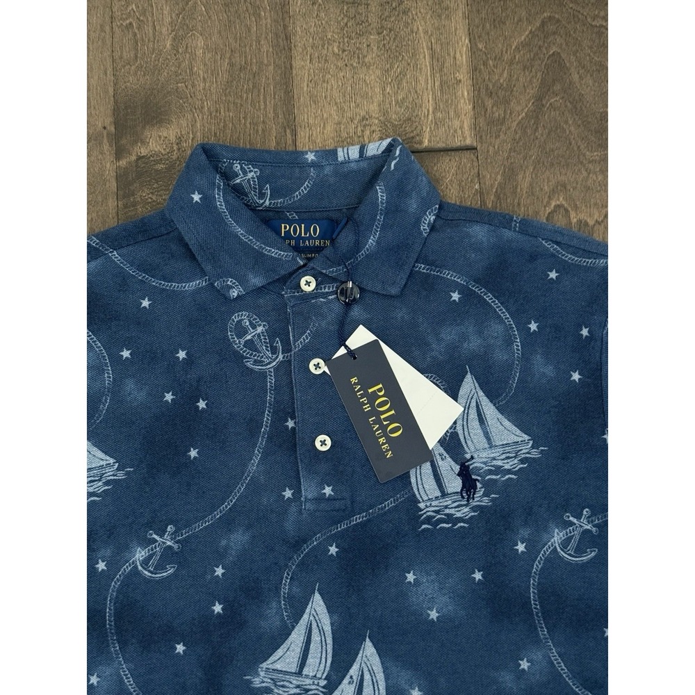 NWT Ralph Lauren Mens Custom Slim Fit Sailing Boat Print Mesh Polo Shirt Blue S